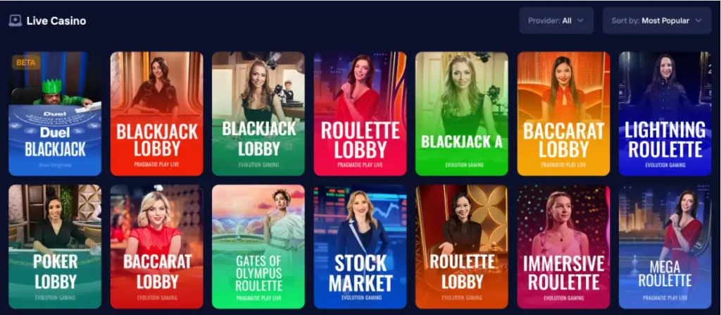 Live casino-lobbyen hos Duel med bordspill og live-dealer