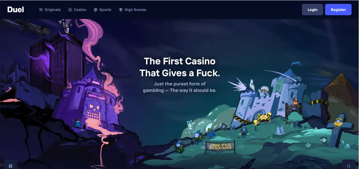 Skjermbilde av Duel Casino-forsiden med Originals, casino og sportsbook