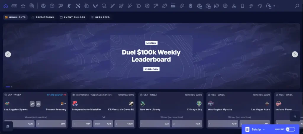 Sportsbook-seksjonen på Duel med odds og live tipping
