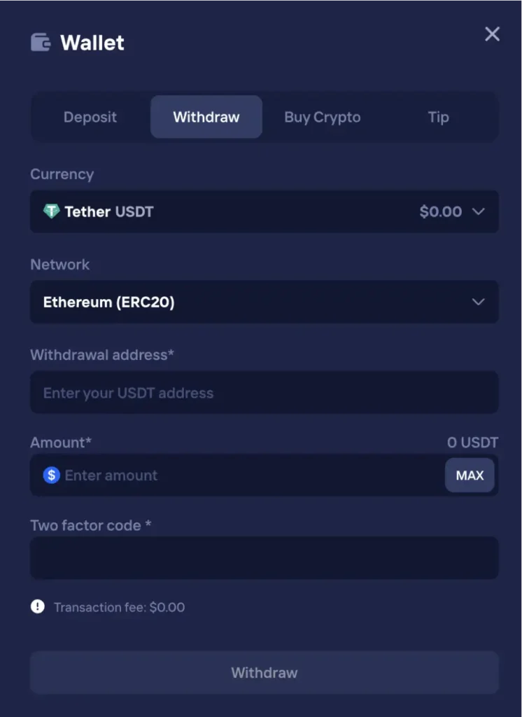 Uttaks- og lommebokskjerm på Duel Casino for krypto-utbetalinger