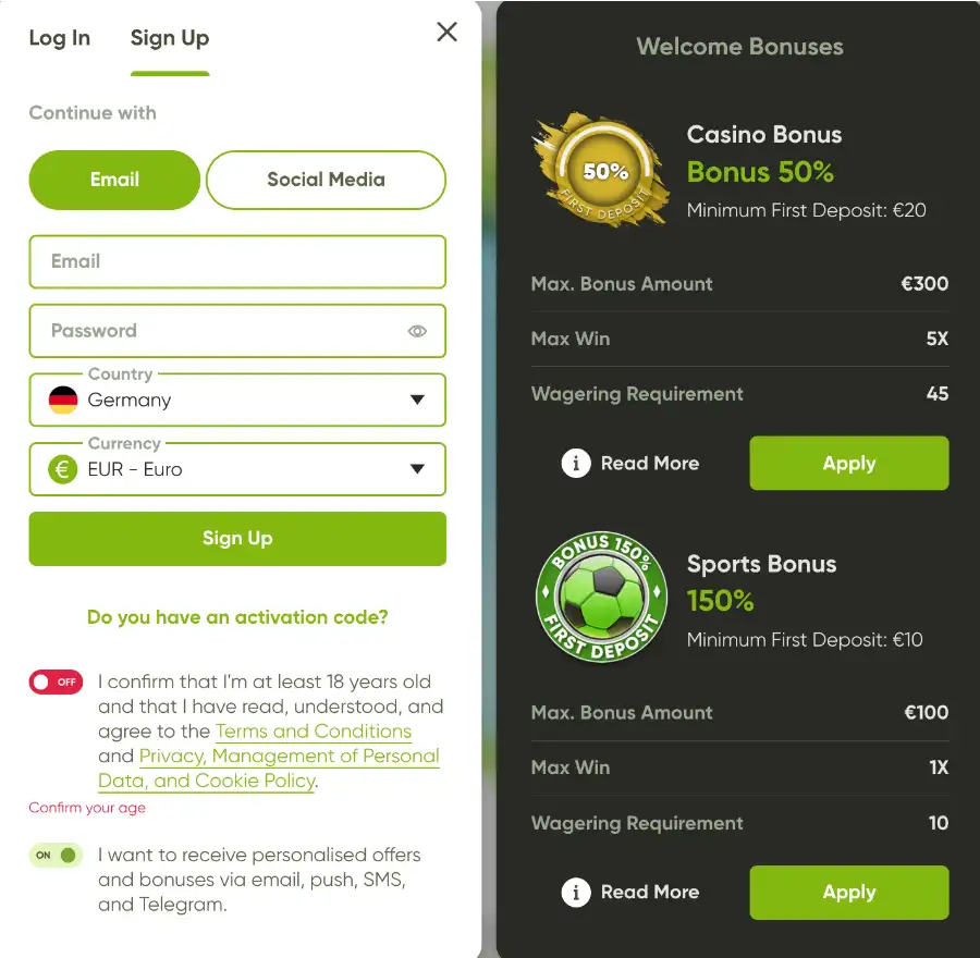 Fresh Casino Registreringsskjema