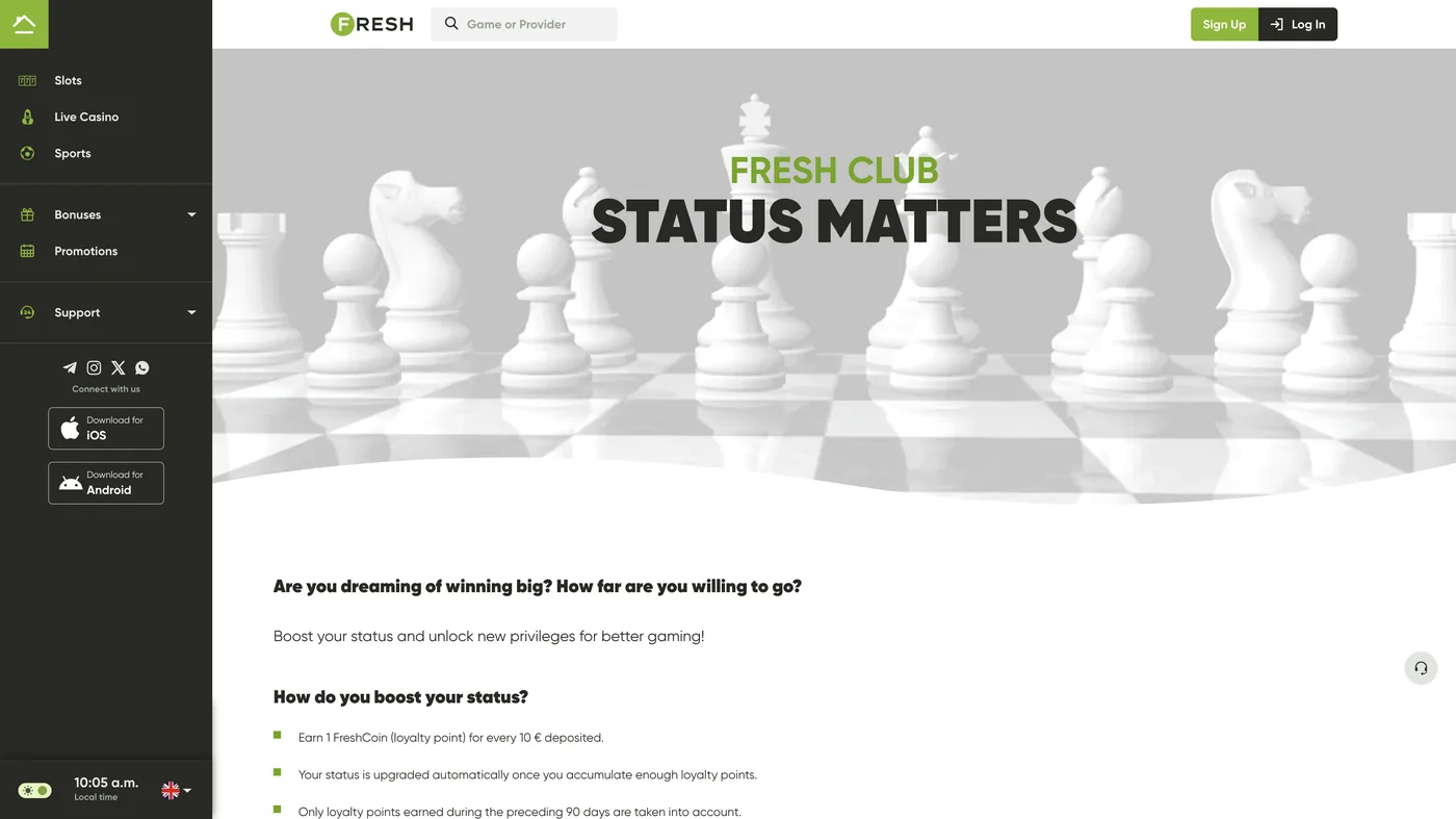 Fresh Club lojalitetsprogram med statusnivåer og FreshCoins hos Fresh Casino