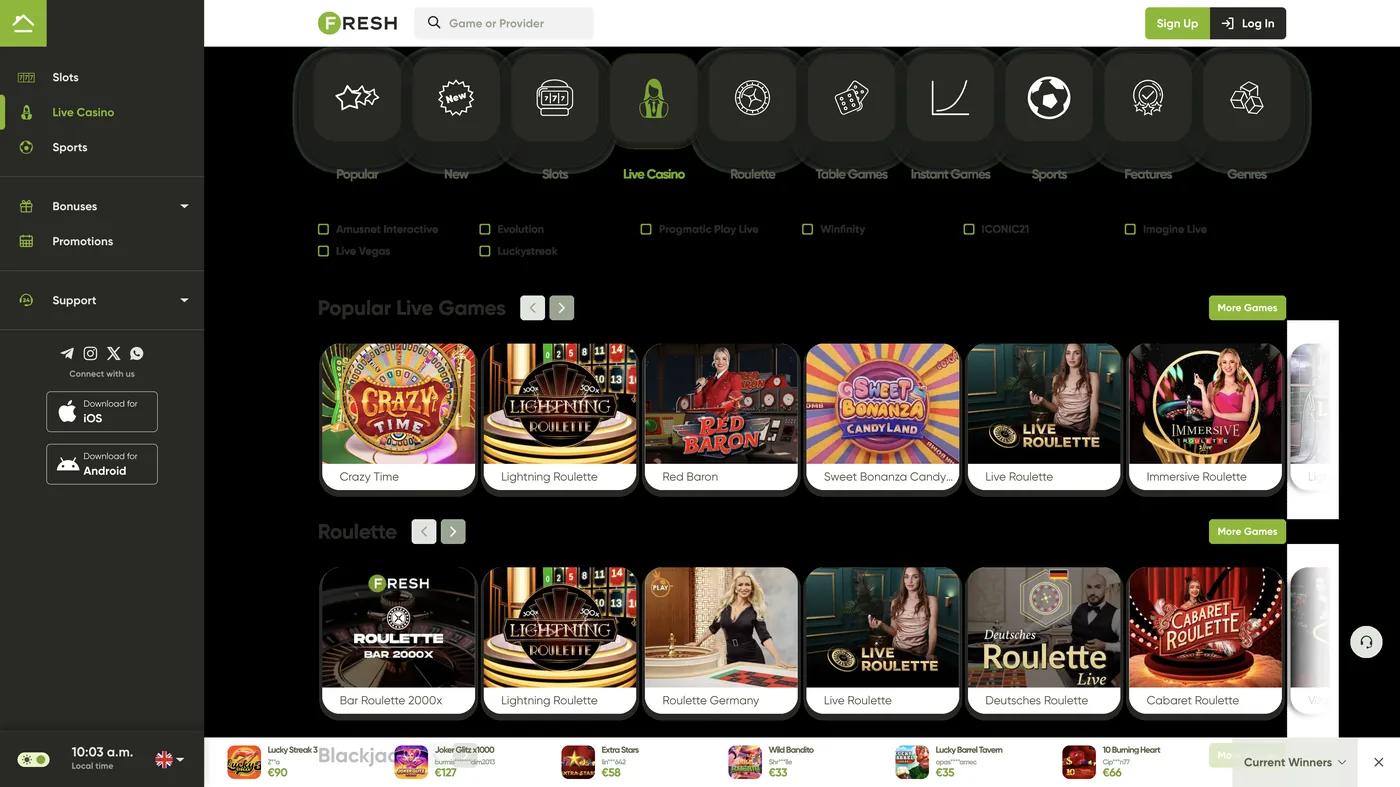 Live casino hos Fresh med Crazy Time, Lightning Roulette og flere rulettbord