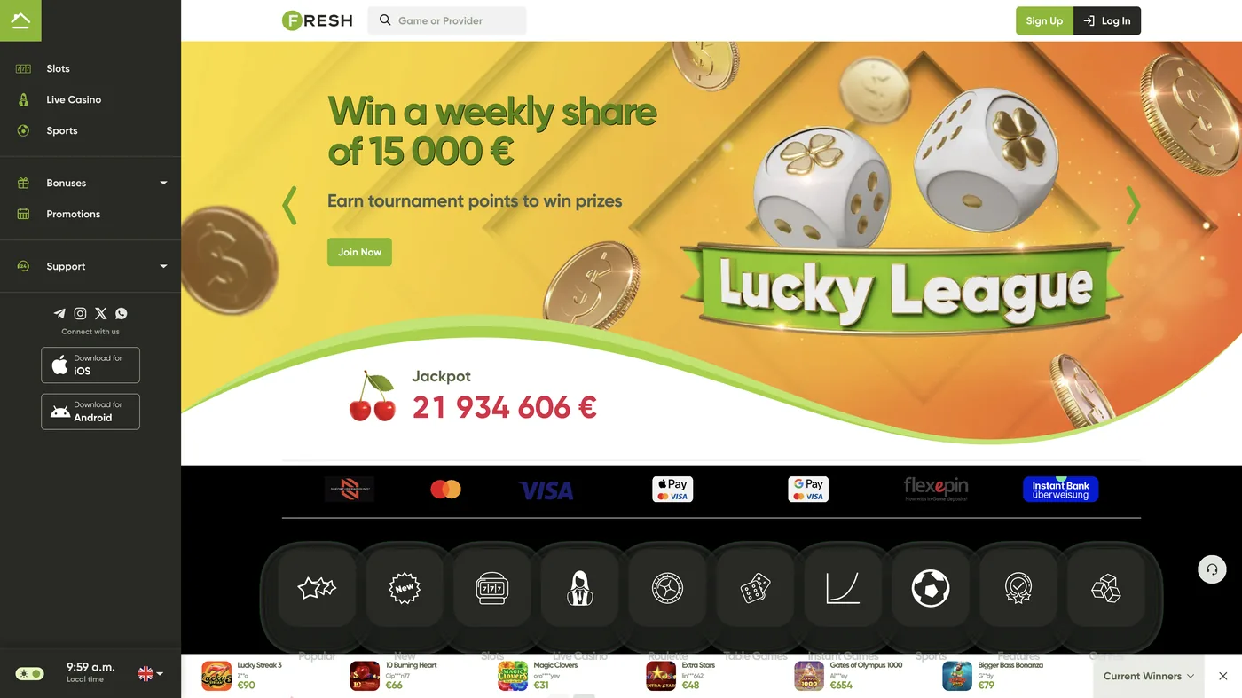 Skjermbilde av forsiden til Fresh Casino med Lucky League-turnering og jackpotteller