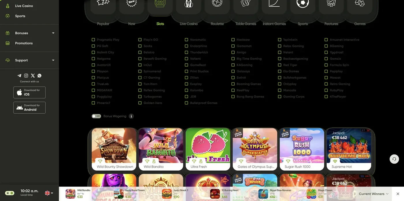 Slots-lobbyen hos Fresh Casino med leverandørfiltre og spilltitler