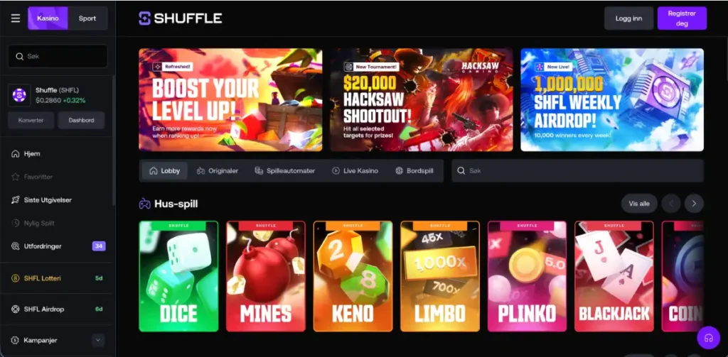 Shuffle Casino Hjemmesidens forside